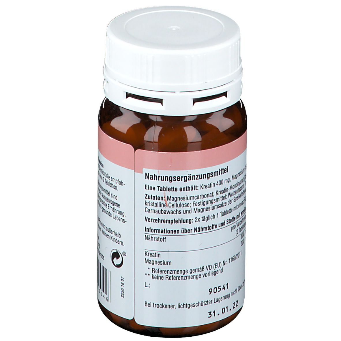 Rückseite der Tablettenflasche. Text: Nahrungsergänzungsmittel. Zutaten, Verzehrempfehlung, Nährstoffinformationen. Mindesthaltbarkeitsdatum.