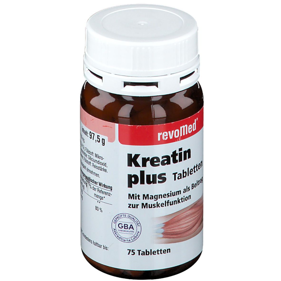 Braune Tablettenflasche mit weißem Deckel. Aufschrift: revoMed Kreatin plus Tabletten. 75 Tabletten. GBA-Qualitätssiegel. Nährwertangaben.