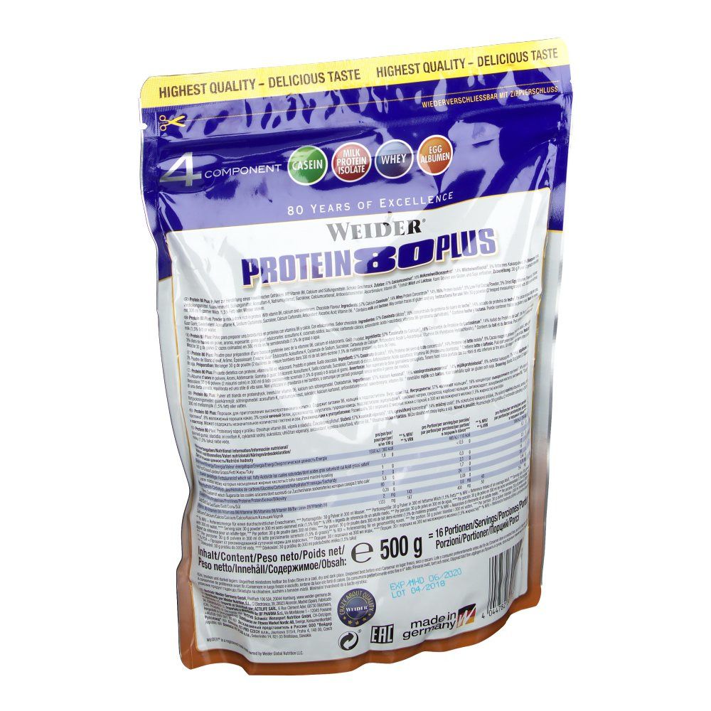 Rückseite des Weider Protein 80 Plus Beutels. Enthält Informationen und Nährwertangaben. 500g Packung. Hergestellt in Deutschland.