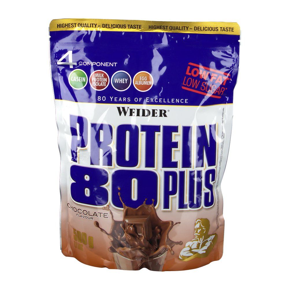 Weider Protein 80 Plus Beutel, Schokolade. Blaue und weiße Verpackung mit Produktnamen und Schokoladen-Illustration. Enthält 4 Proteinkomponenten.