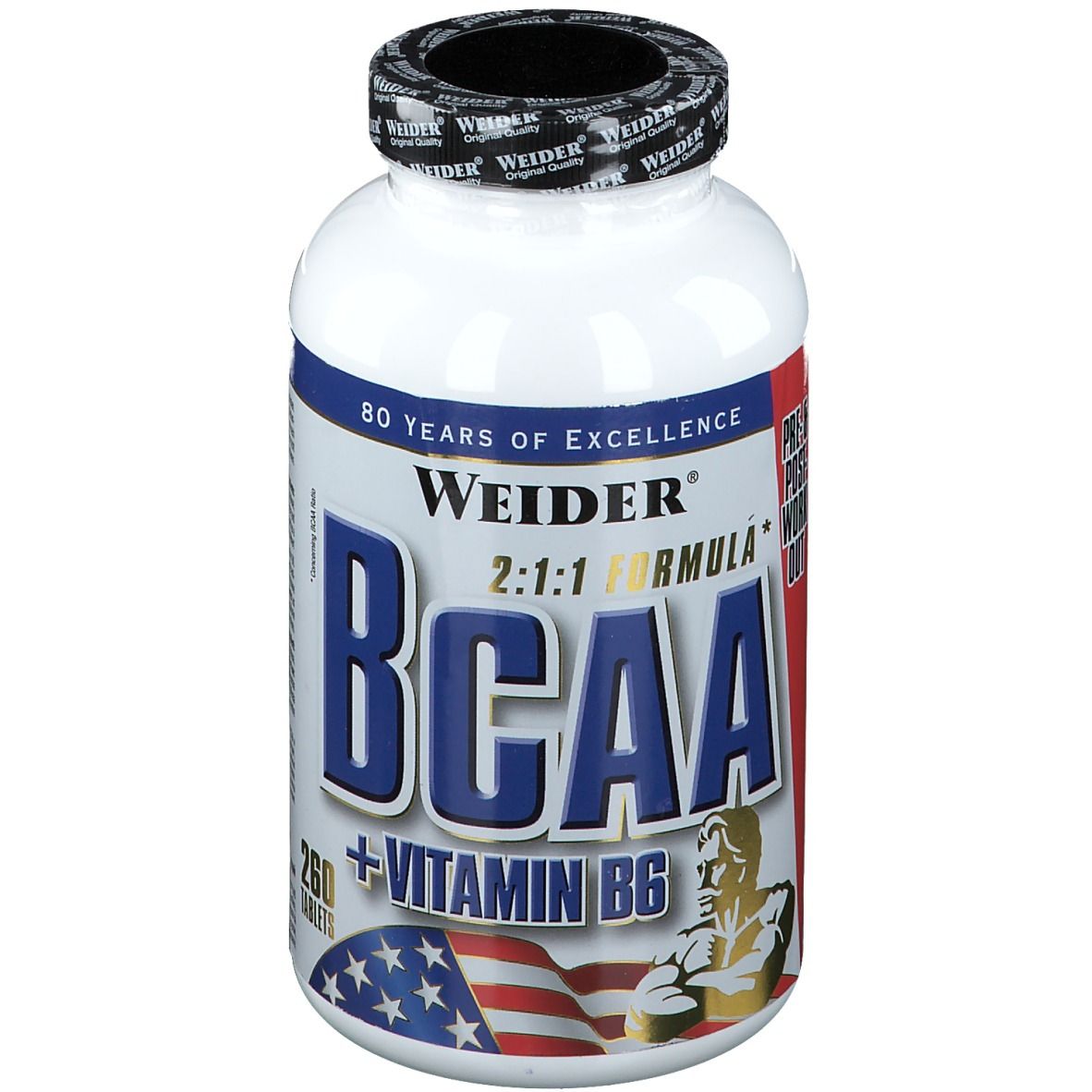 Weiße Flasche mit schwarzem Deckel. Aufschrift BCAA + Vitamin B6. Amerikanische Flagge und Muskelmann-Illustration.
