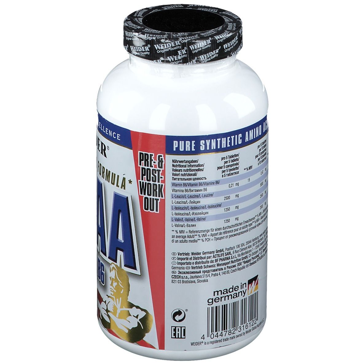 Weiße Flasche mit Etikett. Enthält Informationen zu Inhaltsstoffen und Nährwerten. Hergestellt in Deutschland.