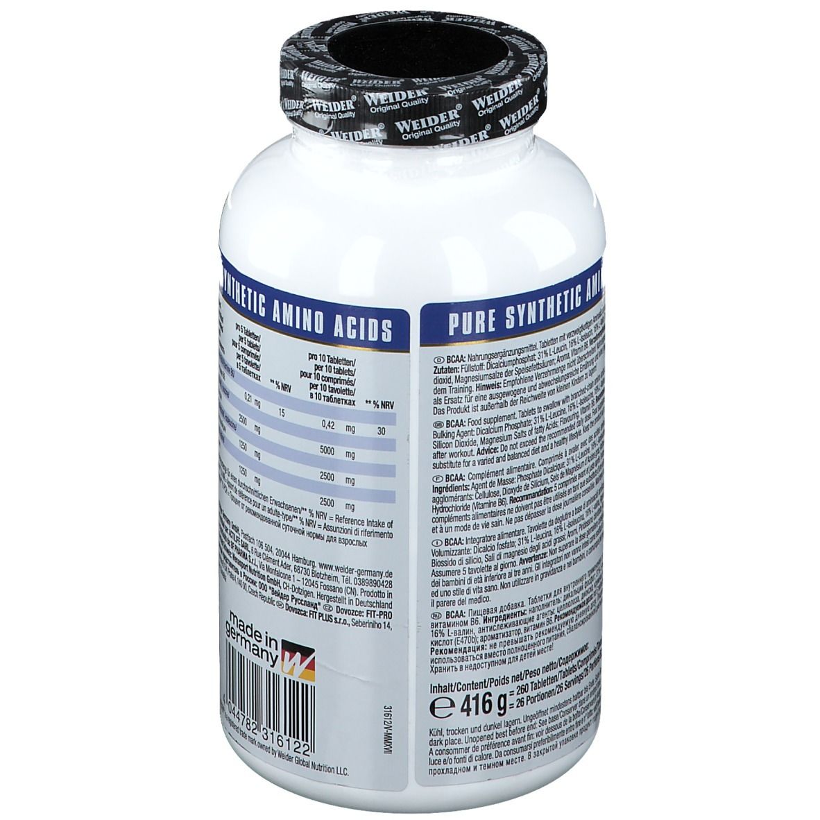 Weiße Flasche mit Etikett. Enthält Informationen zu Inhaltsstoffen und Nährwerten. Hergestellt in Deutschland.