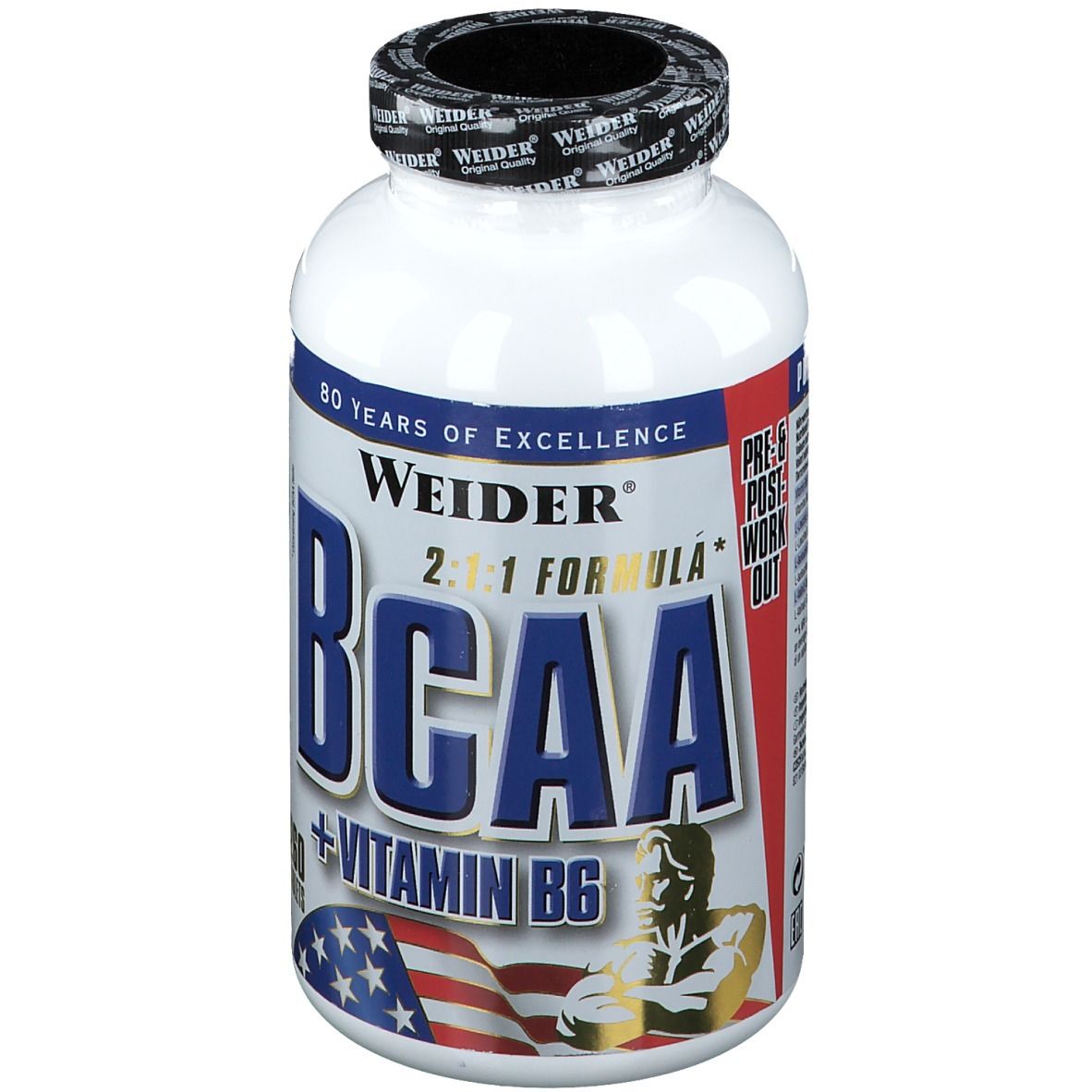 Weiße Flasche mit schwarzem Deckel. Aufschrift BCAA + Vitamin B6. Amerikanische Flagge und Muskelmann-Illustration.
