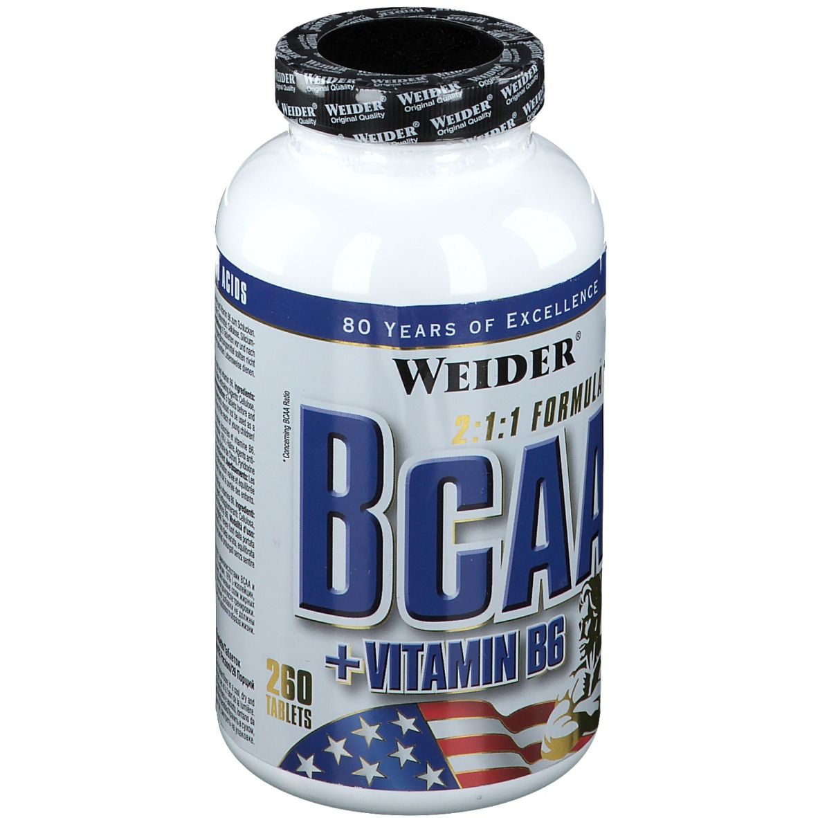 Weiße Flasche mit schwarzem Deckel. Aufschrift BCAA + Vitamin B6. Amerikanische Flagge und Muskelmann-Illustration.