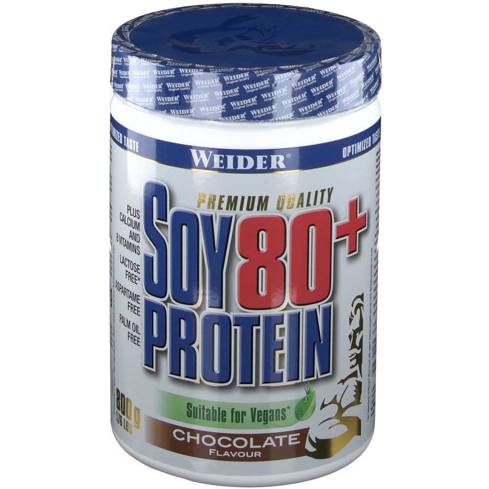 Weider Soy 80+ Protein-Dose. Weiß, blau und rot. Enthält Calcium, Vitamine, ist laktosefrei, aspartamfrei und palmölfrei. Schokoladengeschmack.