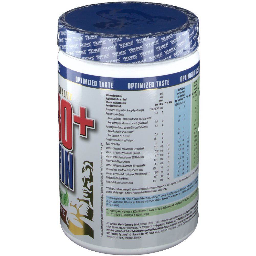 Rückseite der Weider Soy 80+ Protein-Dose. Enthält Nährwertangaben und Inhaltsstoffe. Mit Informationen zu Proteingehalt und Vitaminen.