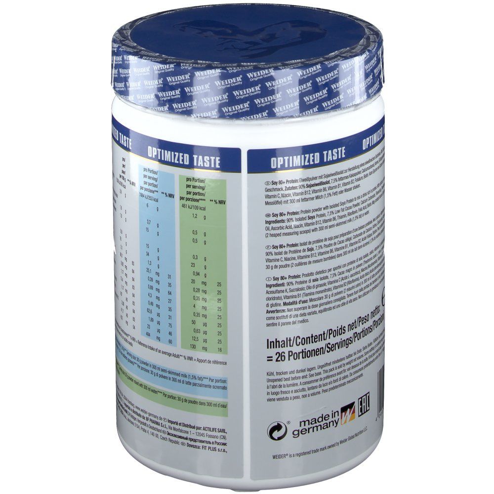 Rückseite der Weider Soy 80+ Protein-Dose. Enthält Nährwertangaben und Inhaltsstoffe. Mit Informationen zu Proteingehalt und Vitaminen.