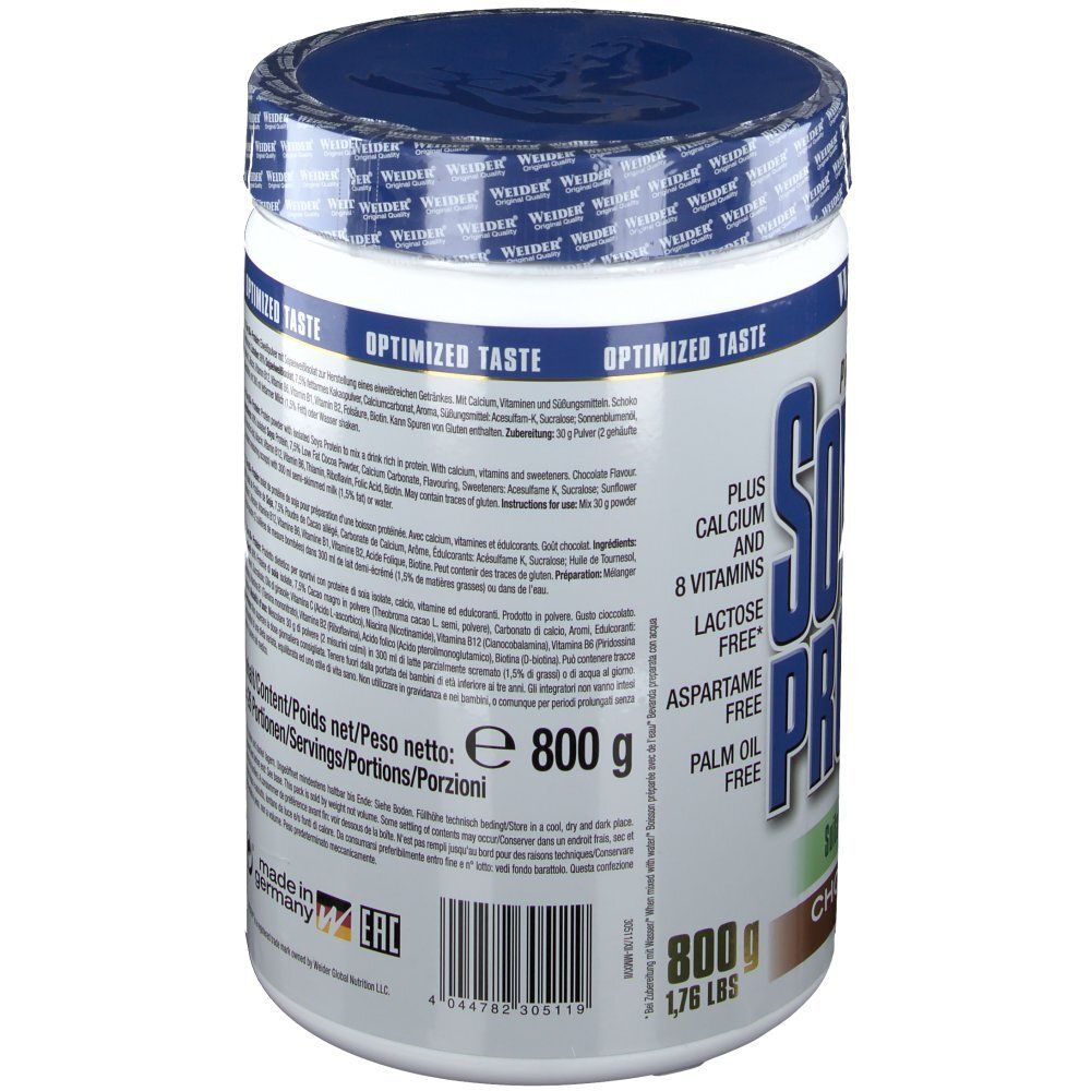Weider Soy 80+ Protein-Dose. Enthält Nährwertangaben, Inhaltsstoffe und Informationen. 800g, 1,76 lbs. Schokoladengeschmack. Geeignet für Veganer.