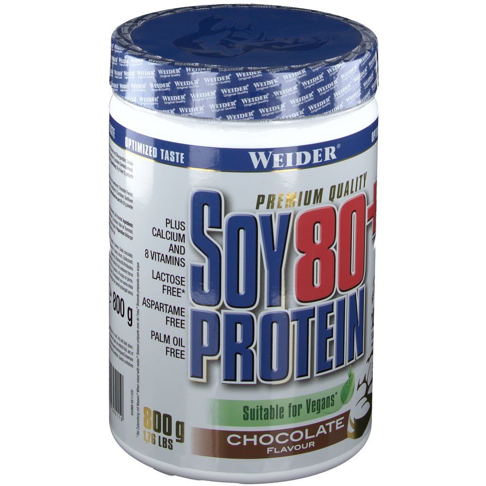 Weider Soy 80+ Protein-Dose. Weiß, blau und rot. Enthält Calcium, Vitamine, ist laktosefrei, aspartamfrei und palmölfrei. Schokoladengeschmack.