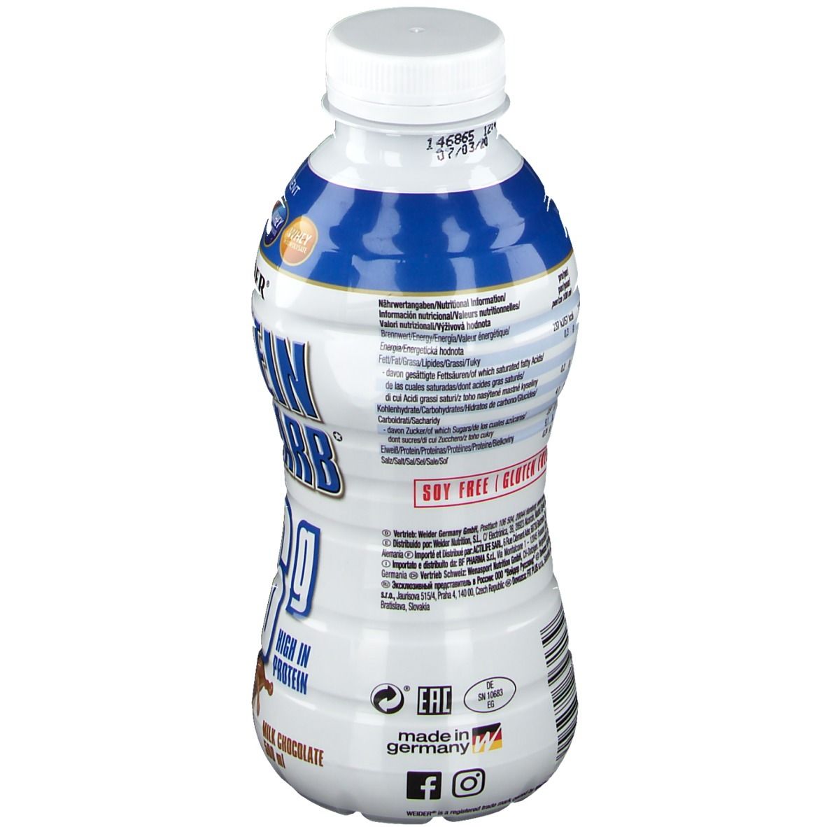 Rückseite der Weider Protein Low Carb Drink Flasche. Enthält Informationen zu Inhaltsstoffen und Nährwerten. Hergestellt in Deutschland.