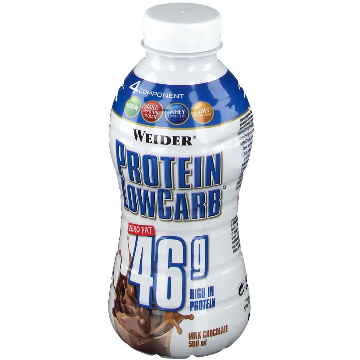 Weider Protein Low Carb Drink, Schokolade. Weiße Flasche mit blauem Etikett. Enthält 46g Protein. Milchschokolade, 500 ml.