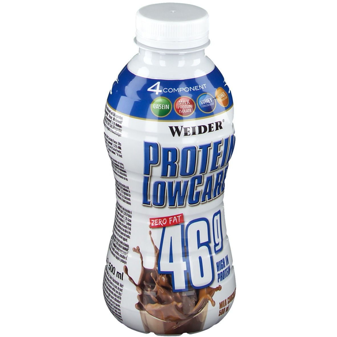 Weider Protein Low Carb Drink, Schokolade. Weiße Flasche mit blauem Etikett. Enthält 46g Protein. Milchschokolade, 500 ml.