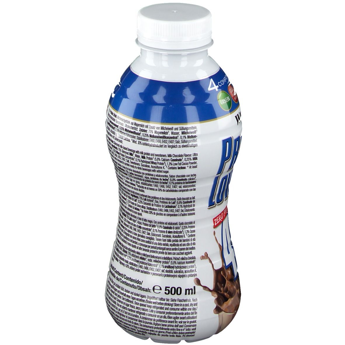 Rückseite der Weider Protein Low Carb Drink Flasche. Enthält Informationen zu Inhaltsstoffen und Nährwerten. 500 ml.