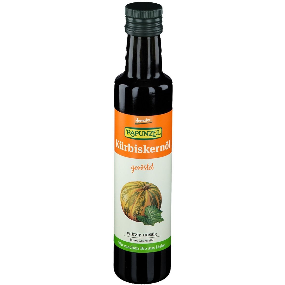 Dunkle Glasflasche mit grünem Deckel. Etikett mit Produktname und Kürbis-Illustration.