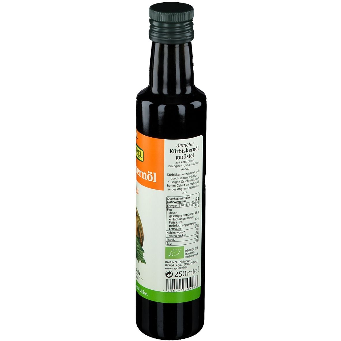 Rückseite der dunklen Glasflasche. Etikett mit Nährwertangaben und Zertifizierungen.