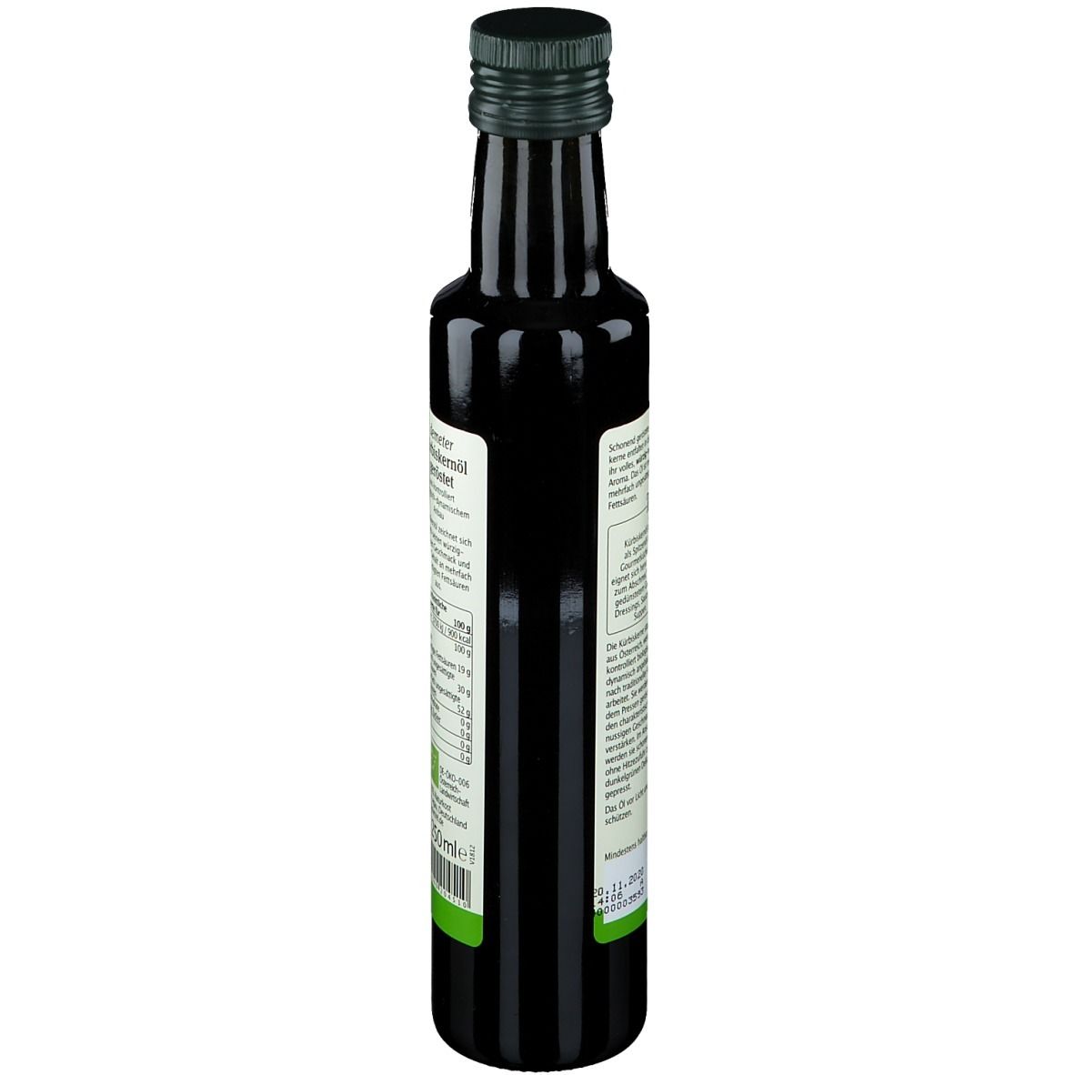 Rückseite der dunklen Glasflasche. Etikett mit Nährwertangaben und Zertifizierungen.