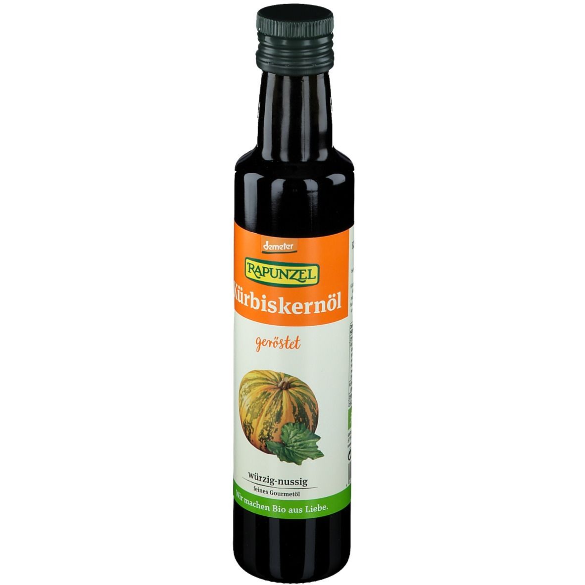 Dunkle Glasflasche mit grünem Deckel. Etikett mit Produktname und Kürbis-Illustration.