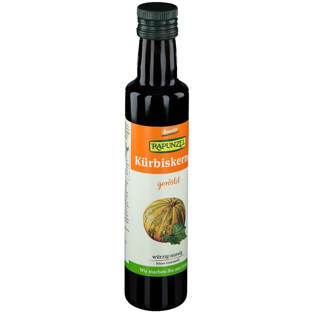 Dunkle Glasflasche mit grünem Deckel. Etikett mit Produktname und Kürbis-Illustration.