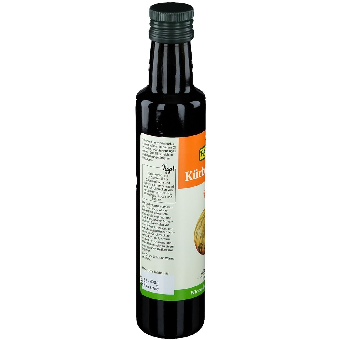 Rückseite der dunklen Glasflasche. Etikett mit Nährwertangaben und Zertifizierungen.