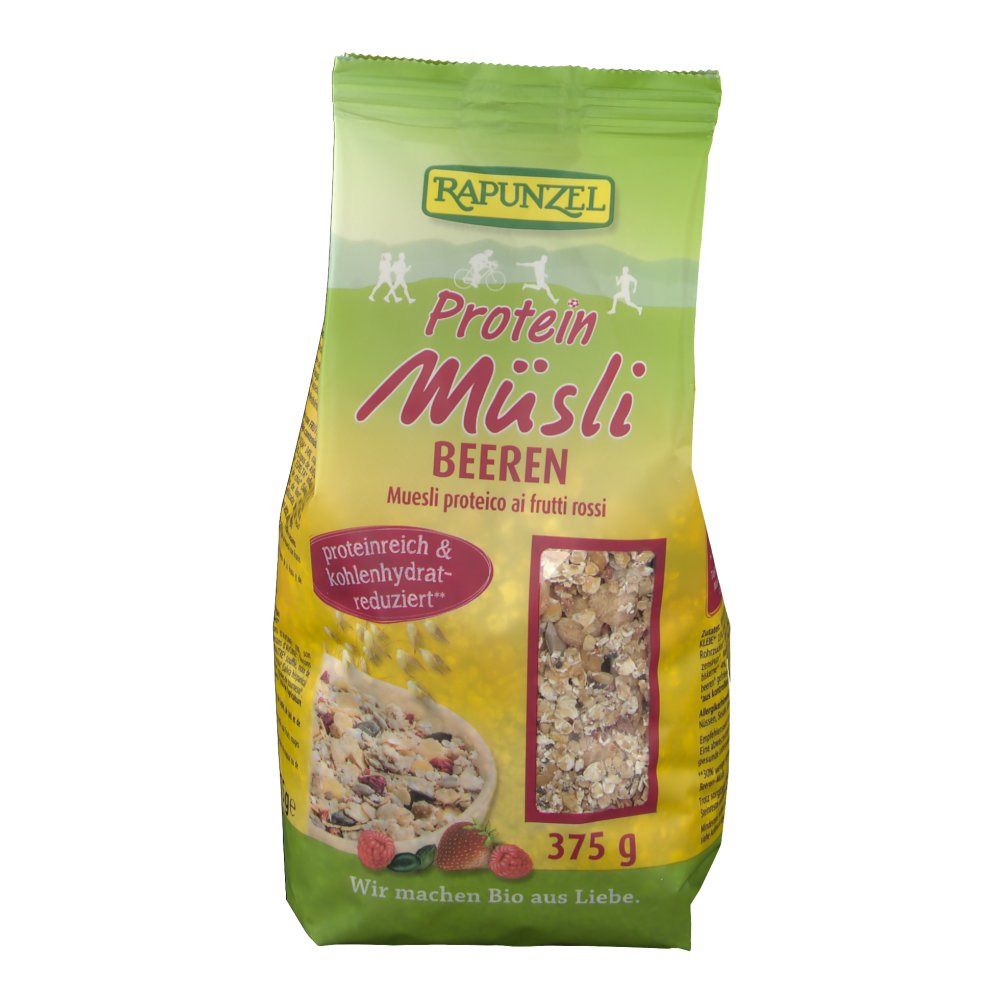 Vorderansicht der Verpackung RAPUNZEL Bio Protein-Müsli, Beeren. Grün-gelbe Tüte mit Produktabbildung und Text. 375g. Proteinreich & kohlenhydratreduziert.