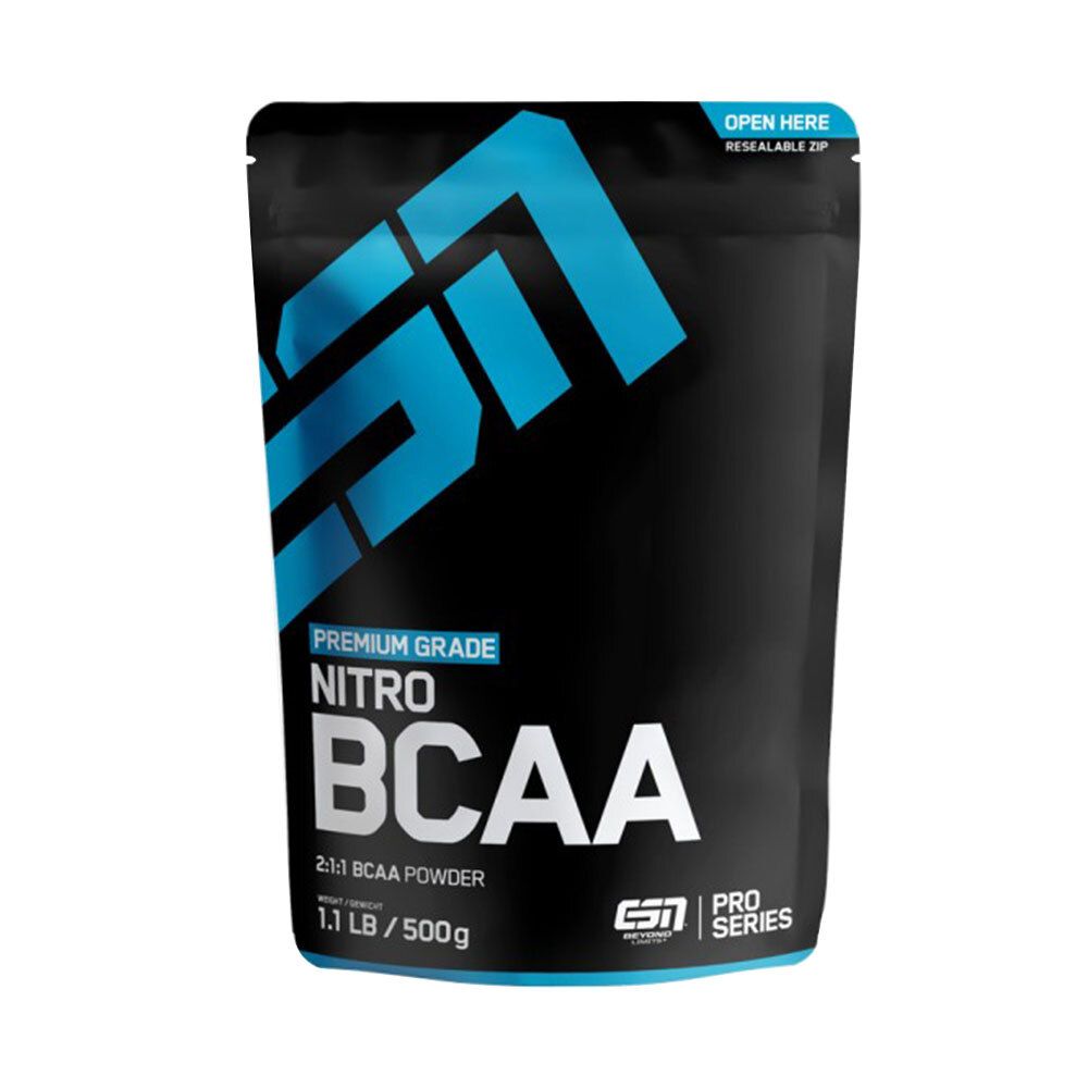 Schwarze Verpackung mit blauem Logo und Text. Enthält "NITRO BCAA" und "1.1 LB / 500g". "PRO SERIES" und "ESN" Logo.