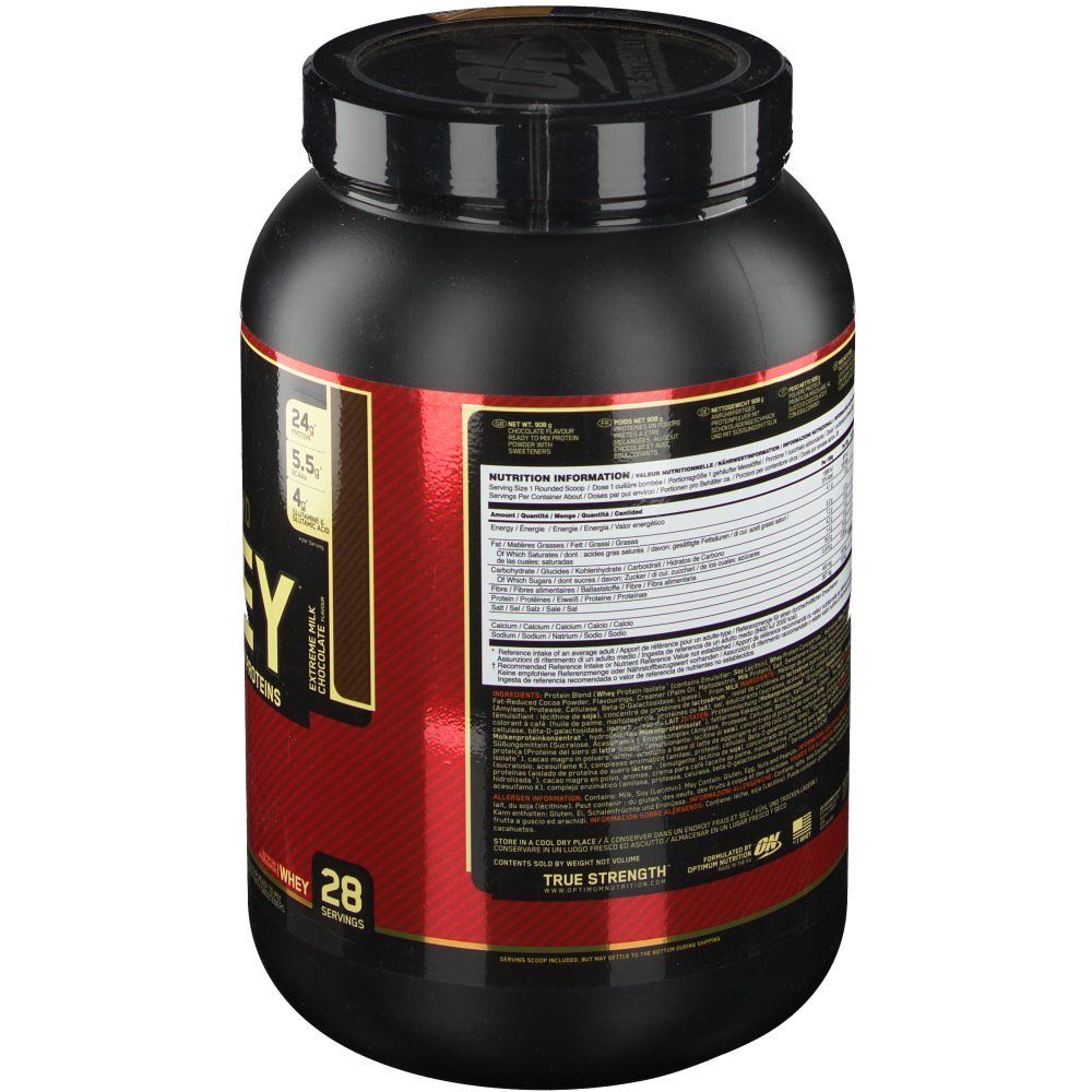 Schwarze Dose mit rotem Etikett. Aufschrift: Gold Standard 100% Whey, Optimum Nutrition. Rückseite mit Nährwertangaben und Produktinformationen.