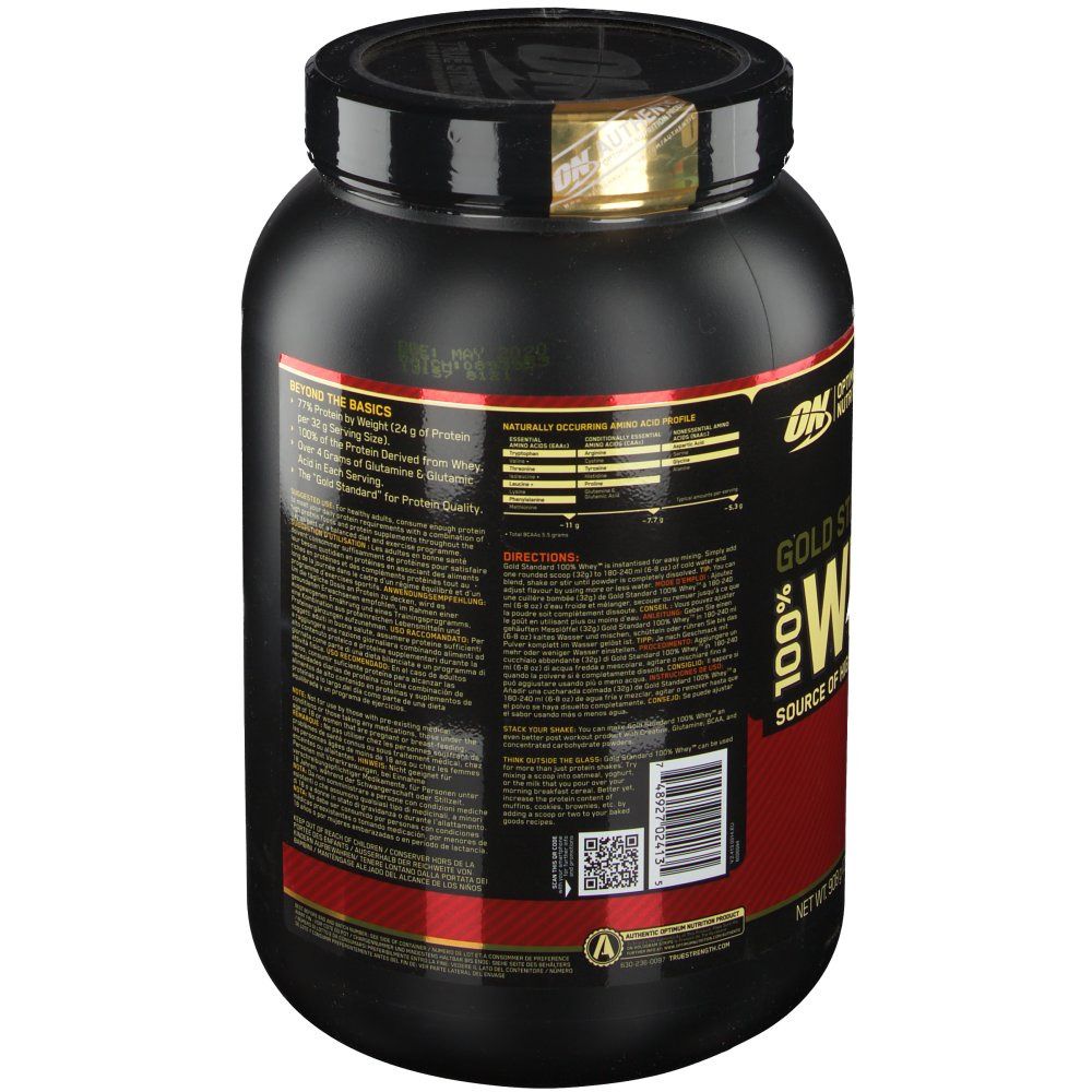 Schwarze Dose mit rotem Etikett. Aufschrift: Gold Standard 100% Whey, Optimum Nutrition. Rückseite mit Produktinformationen und QR-Code.