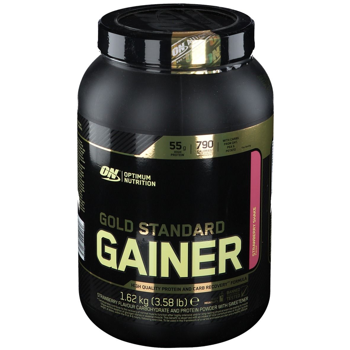 Schwarzer Behälter mit Aufschrift "Gold Standard Gainer". Enthält 1,62 kg Erdbeer-Kohlenhydrat-Protein-Pulver.