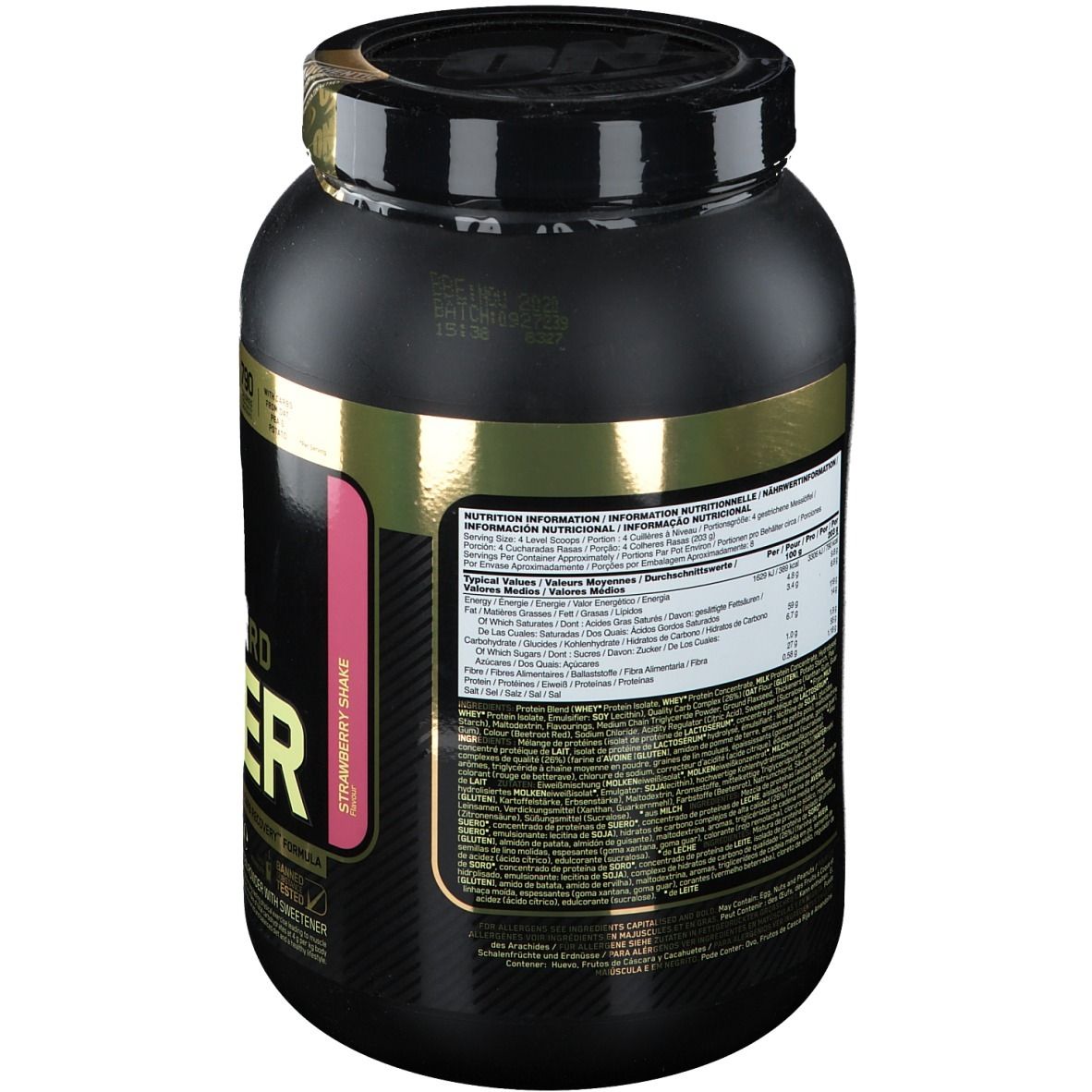 Schwarzer Behälter, Rückseite mit Nährwertangaben. Enthält Erdbeer-Kohlenhydrat-Protein-Pulver.