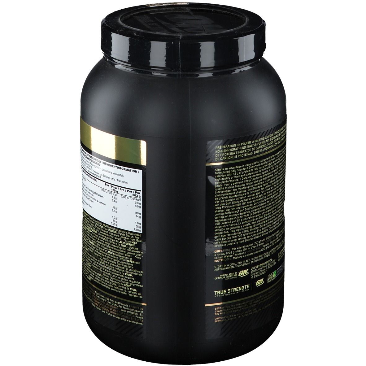 Schwarzer Behälter, Seitenansicht mit Nährwertangaben. Enthält Erdbeer-Kohlenhydrat-Protein-Pulver.