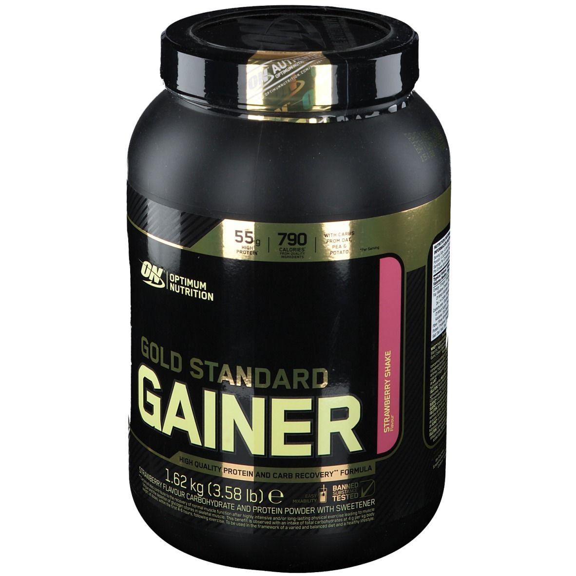 Schwarzer Behälter mit Aufschrift "Gold Standard Gainer". Enthält 1,62 kg Erdbeer-Kohlenhydrat-Protein-Pulver.