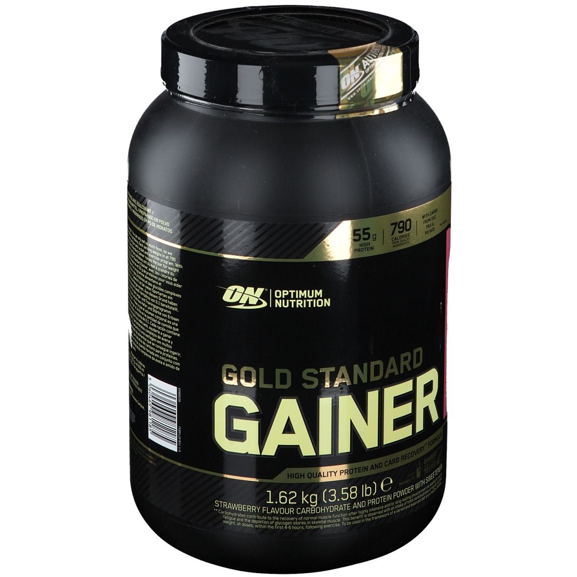 Schwarzer Behälter mit Aufschrift "Gold Standard Gainer". Enthält 1,62 kg Erdbeer-Kohlenhydrat-Protein-Pulver.