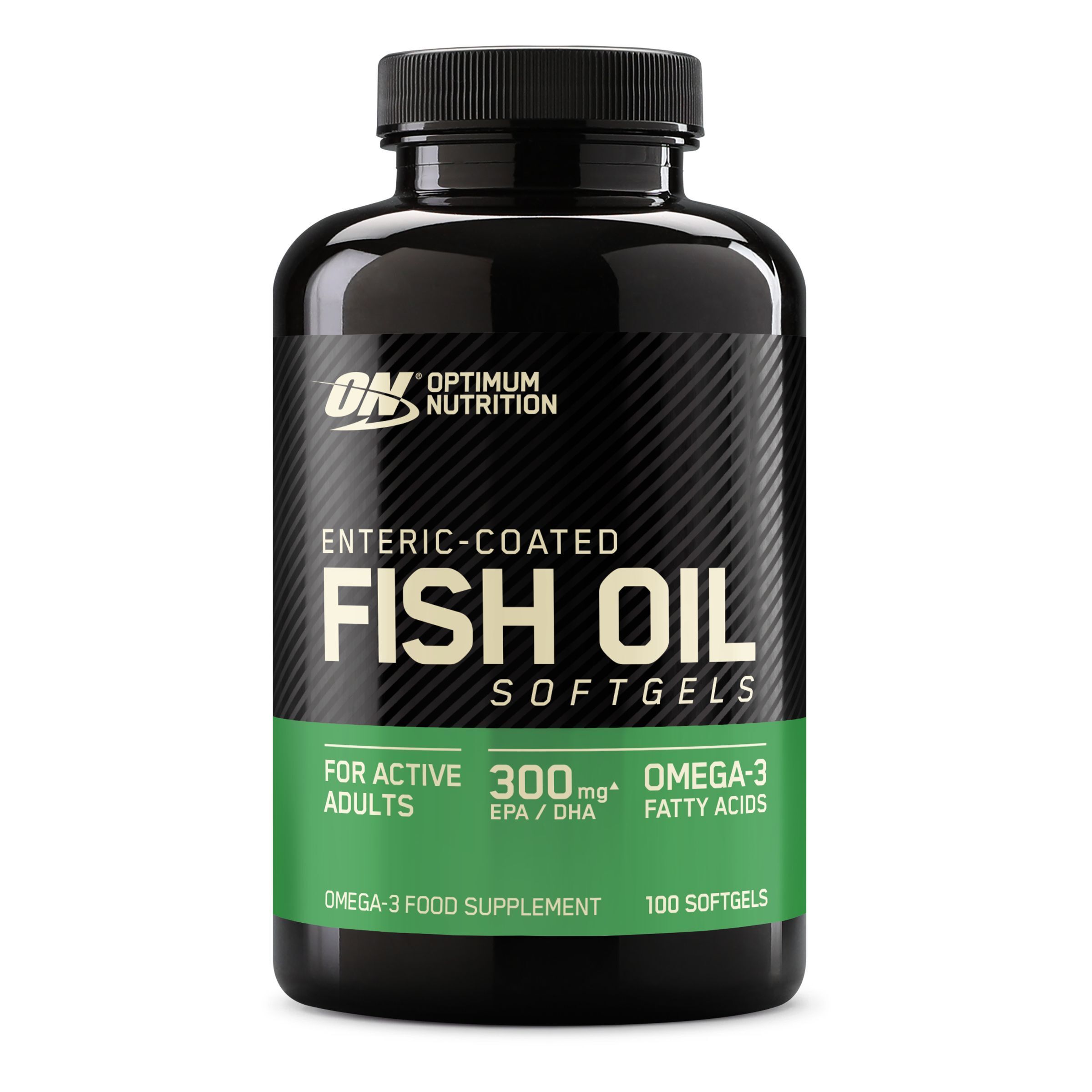 Schwarze Flasche mit Fischöl-Kapseln. Aufschrift: Optimum Nutrition, Enteric-Coated Fish Oil Softgels. 100 Softgels.