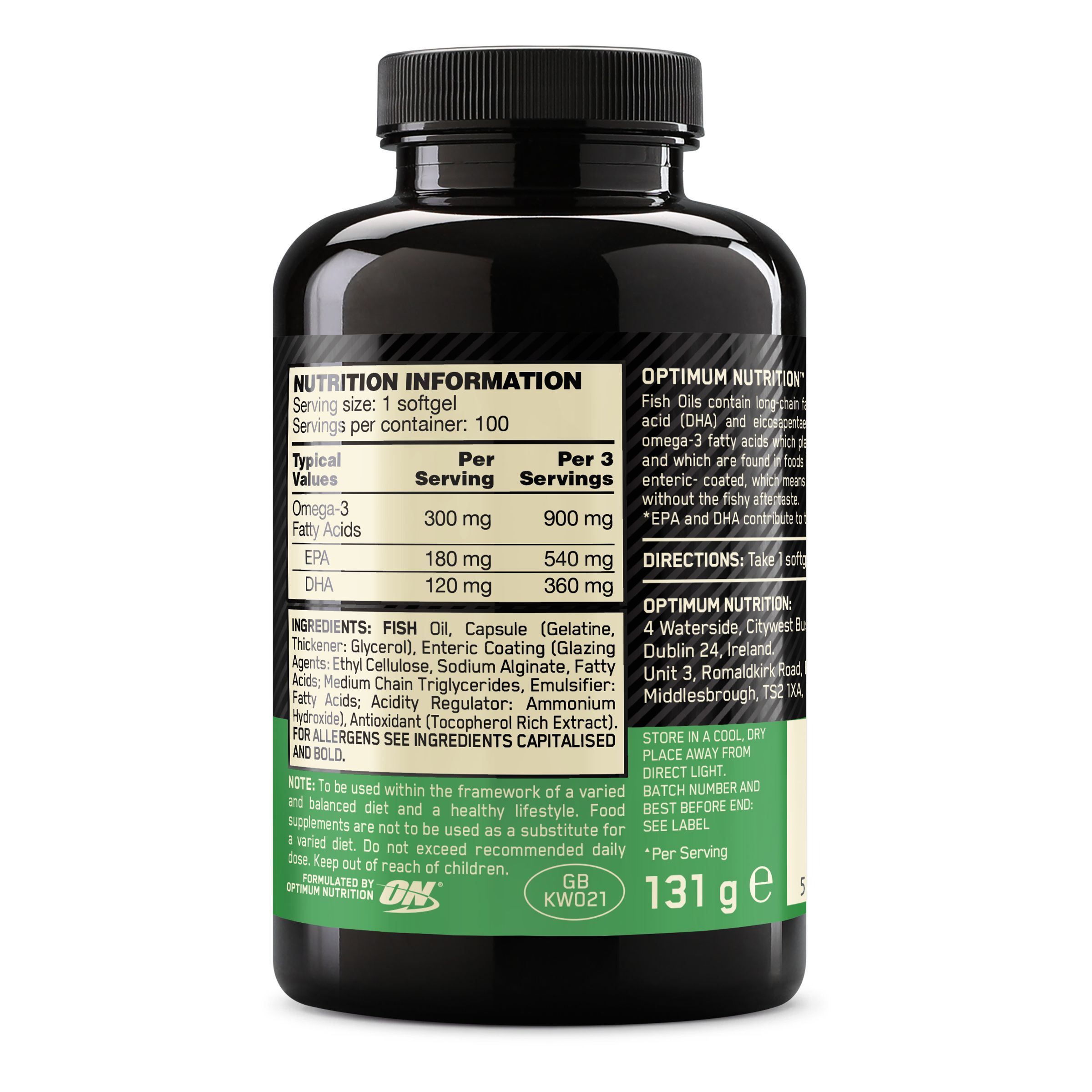 Rückseite der Fischöl-Flasche. Nährwertangaben: Omega-3-Fettsäuren, EPA, DHA. Inhaltsstoffe, Adresse, Gewicht 131 g.