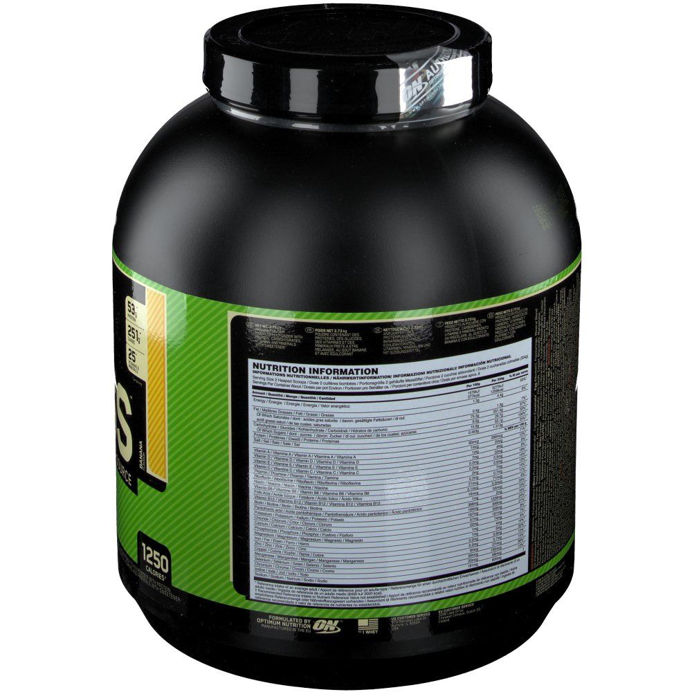 Rückseite des schwarzen Behälters. Enthält Nährwertinformationen und Zutatenliste. "Optimum Nutrition" Logo.