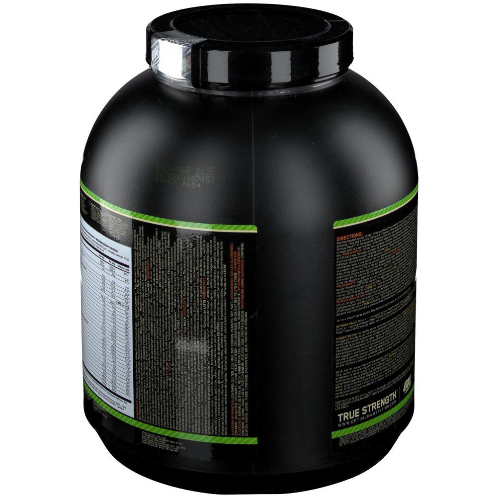 Schwarzer Behälter, Seitenansicht. Text mit Nährwertinformationen. "True Strength" und "Optimum Nutrition" Logo.