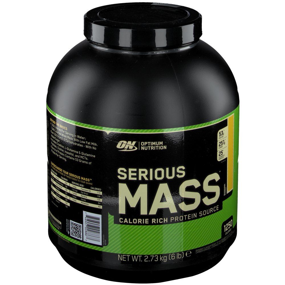 Schwarzer Behälter mit "Serious Mass" und "Optimum Nutrition" Aufdruck. Bananengeschmack. Kalorienreiche Proteinquelle. Nettogewicht 2,73 kg.