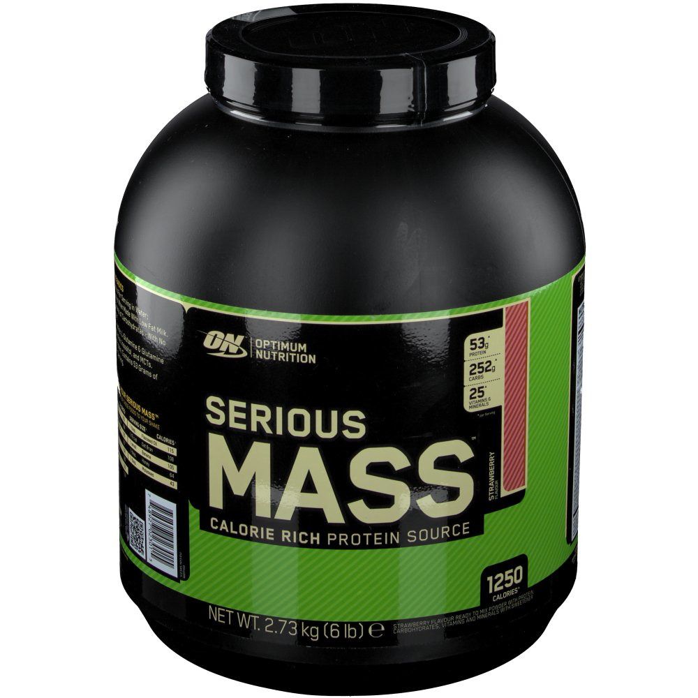 Schwarzer Behälter mit grünem Etikett. Aufschrift: Serious Mass, Kalorienreiche Proteinquelle. Marke: Optimum Nutrition.