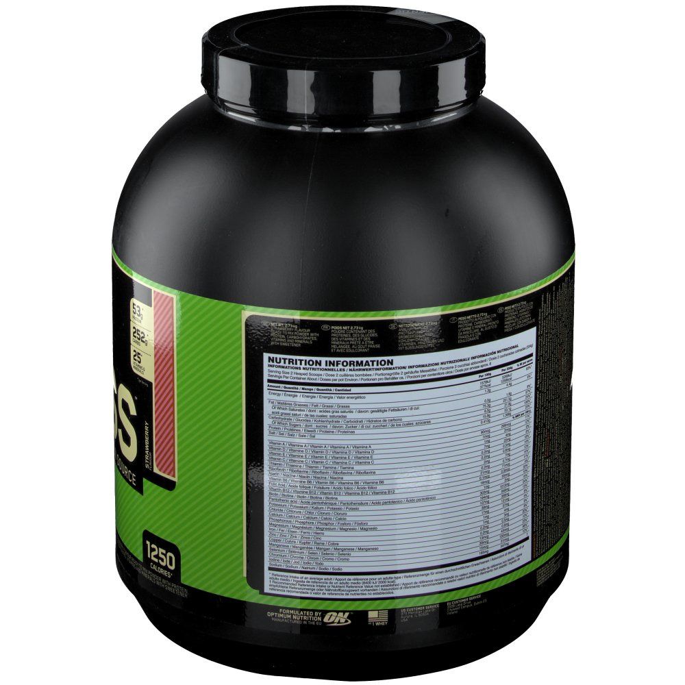 Schwarzer Behälter mit grünem Etikett. Enthält Nährwertinformationen. Marke: Optimum Nutrition.
