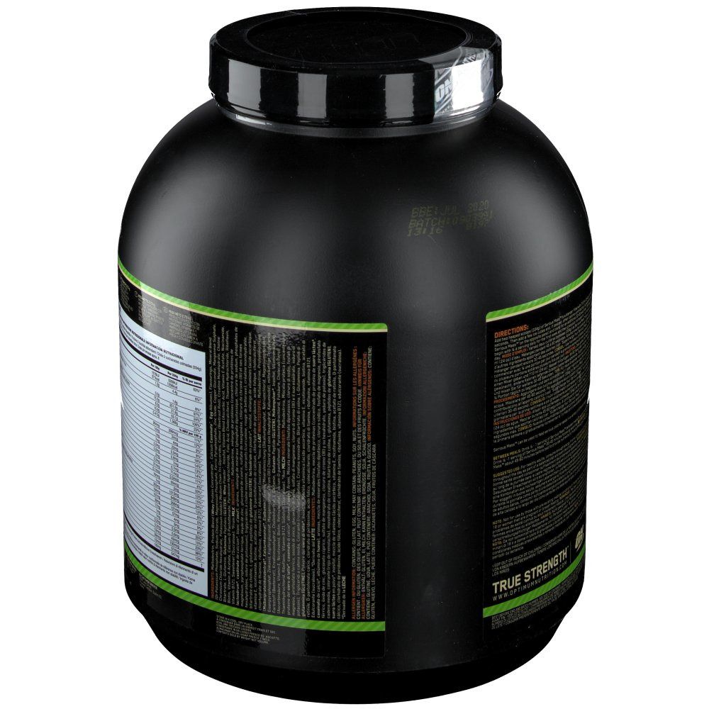 Schwarzer Behälter mit Text. Enthält Informationen. Marke: Optimum Nutrition.