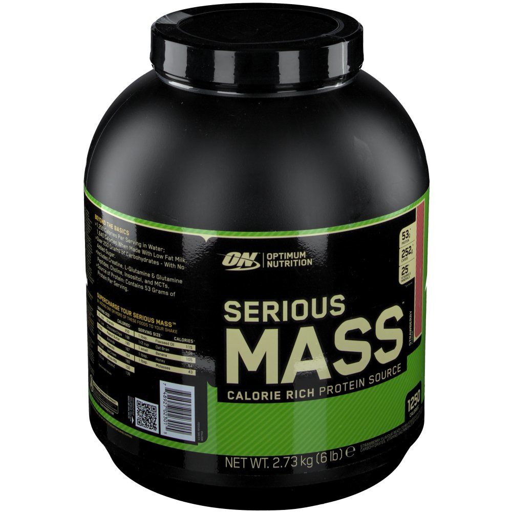 Schwarzer Behälter mit grünem Etikett. Aufschrift: Serious Mass, Kalorienreiche Proteinquelle. Marke: Optimum Nutrition.