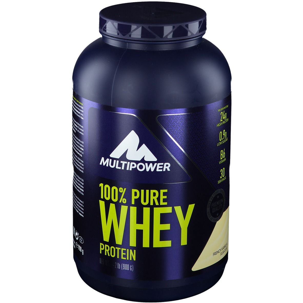 Dunkelblaue Dose mit Multipower-Logo und Schriftzug 100% Pure Whey Protein. Französisches Vanille-Aroma. 900g.