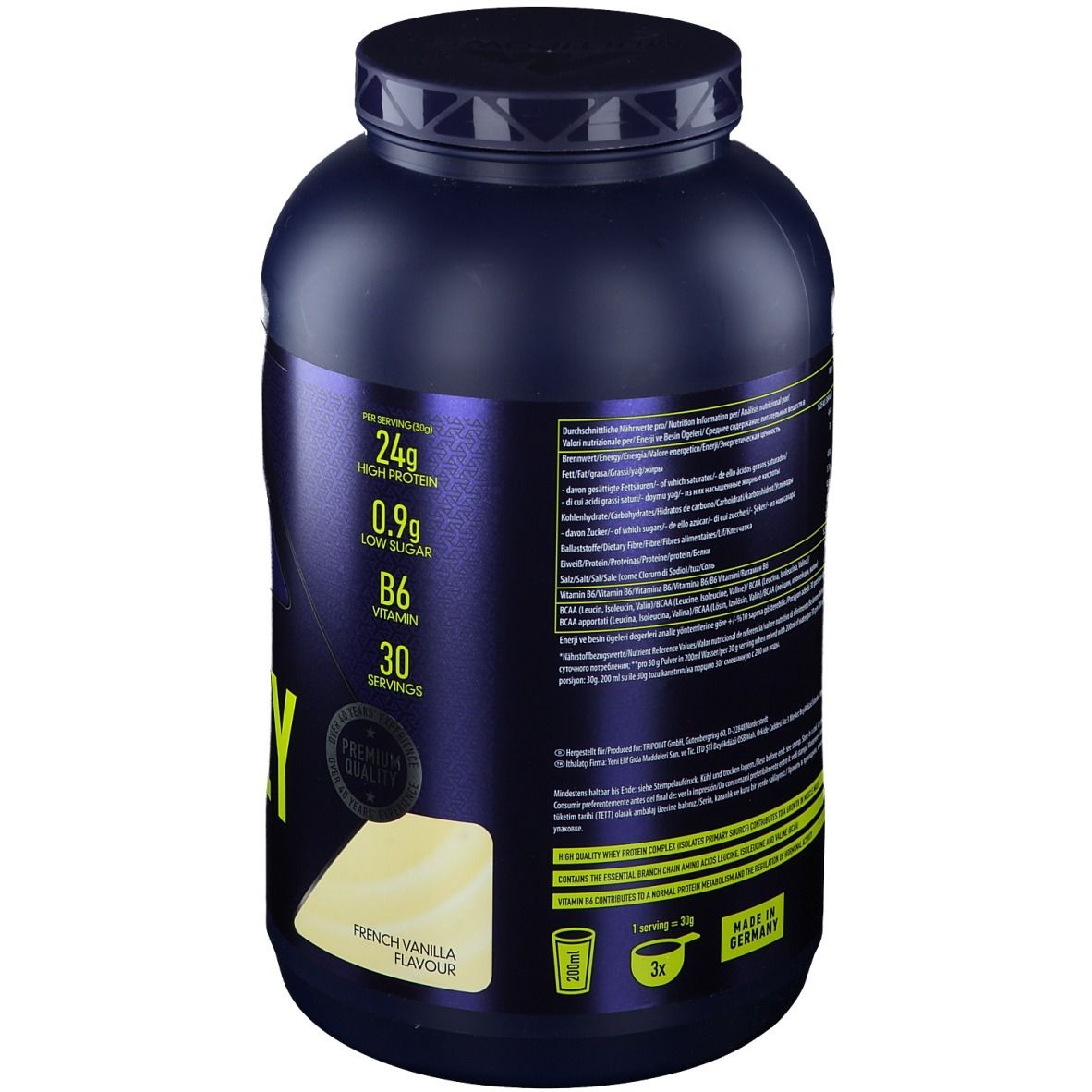 Rückseite der dunkelblauen Dose. Enthält Nährwertangaben, Zutatenliste und Informationen zum Hersteller. Französische Vanille.