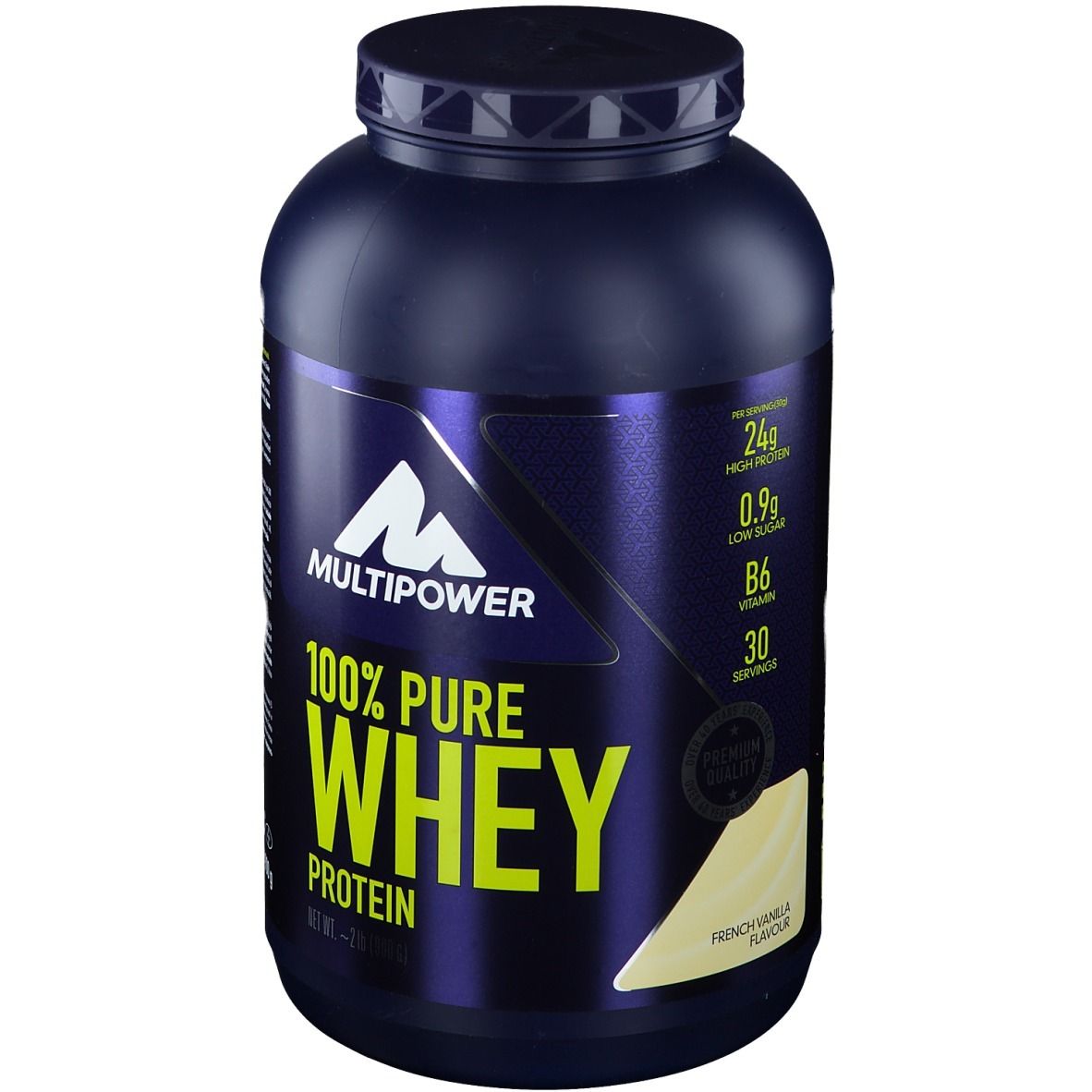 Dunkelblaue Dose mit Multipower-Logo und Schriftzug 100% Pure Whey Protein. Französisches Vanille-Aroma.