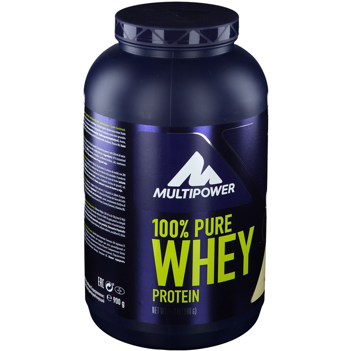 Dunkelblaue Dose mit Multipower-Logo und Schriftzug 100% Pure Whey Protein. 900g.