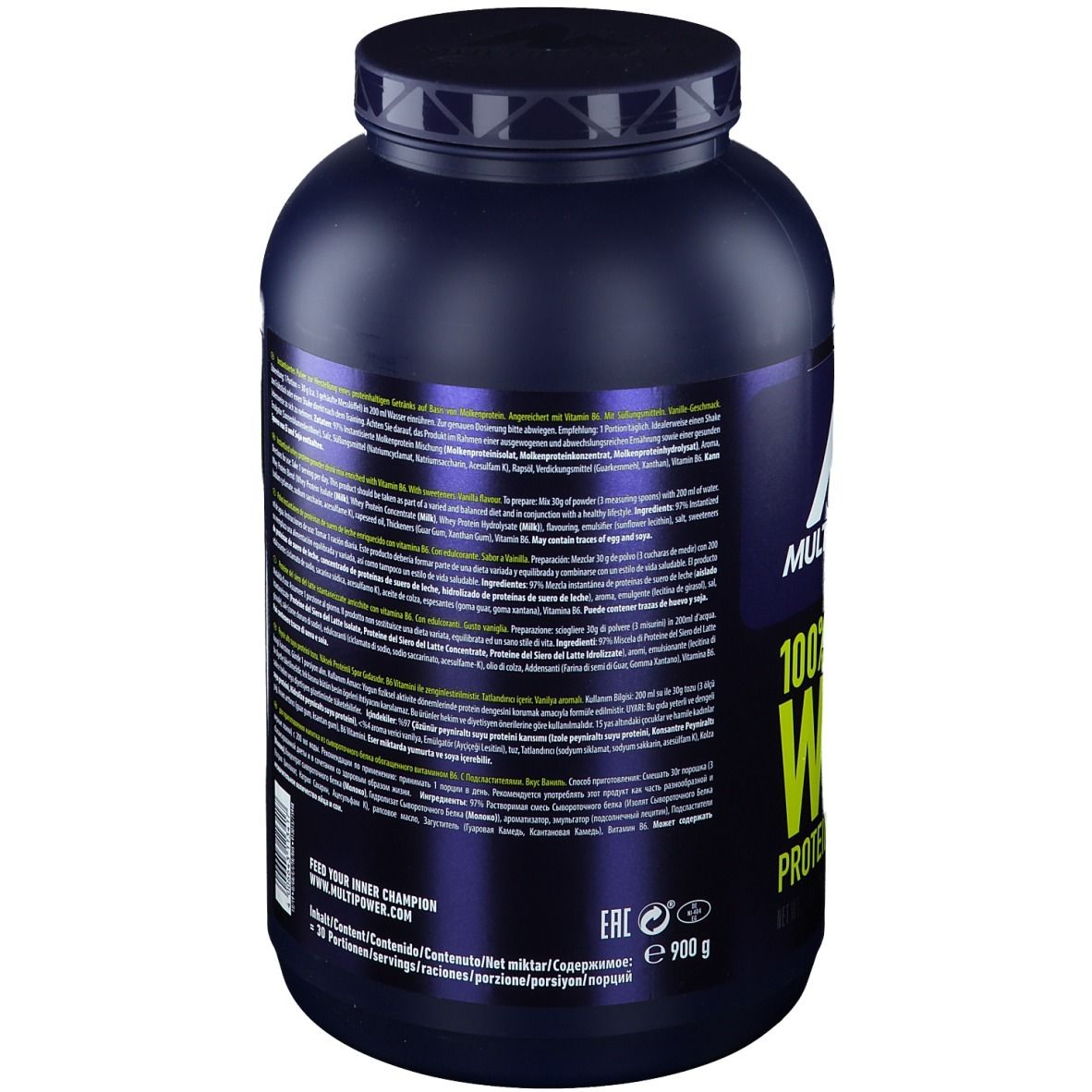 Rückseite der Dose mit Text. Enthält Nährwertangaben, Zutatenliste und Herstellerinformationen. 900g.