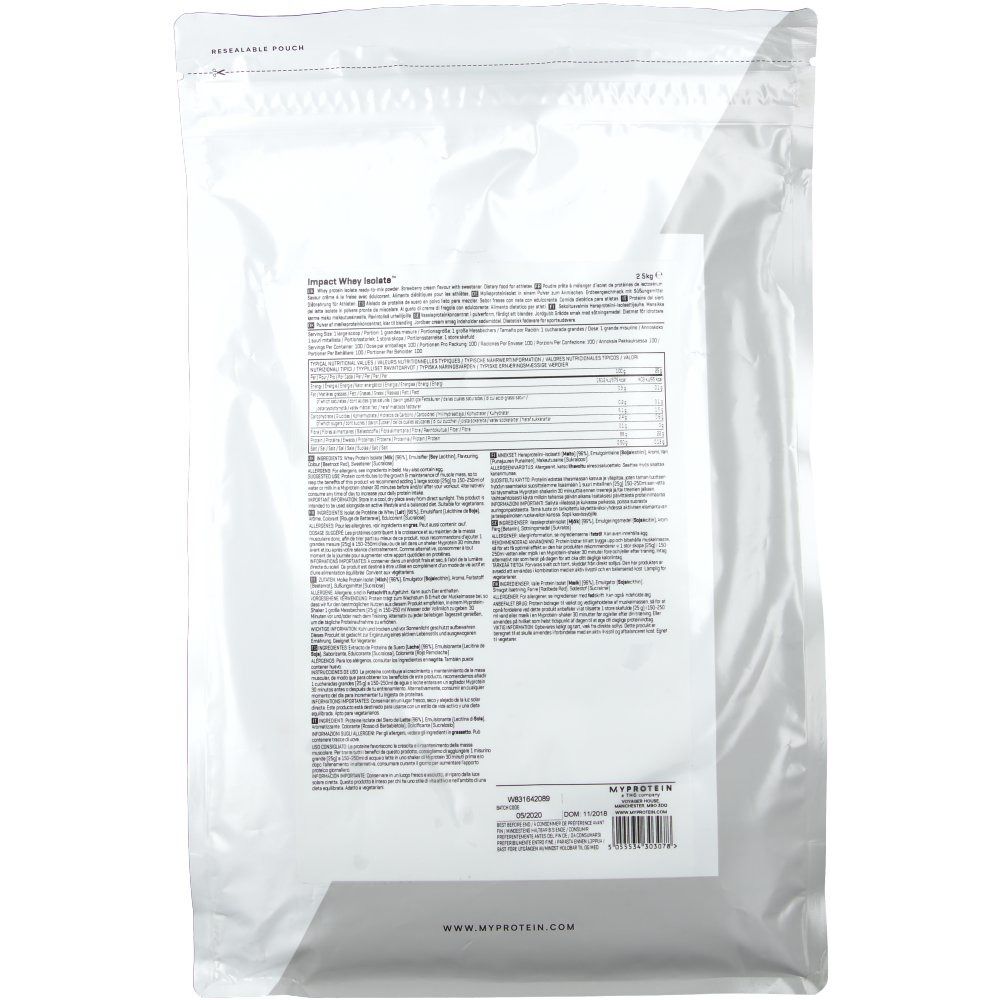 Rückseite des Beutels 'Impact Whey Isolate' mit Text und Nährwertangaben. Unten: Barcode und 'Myprotein'.