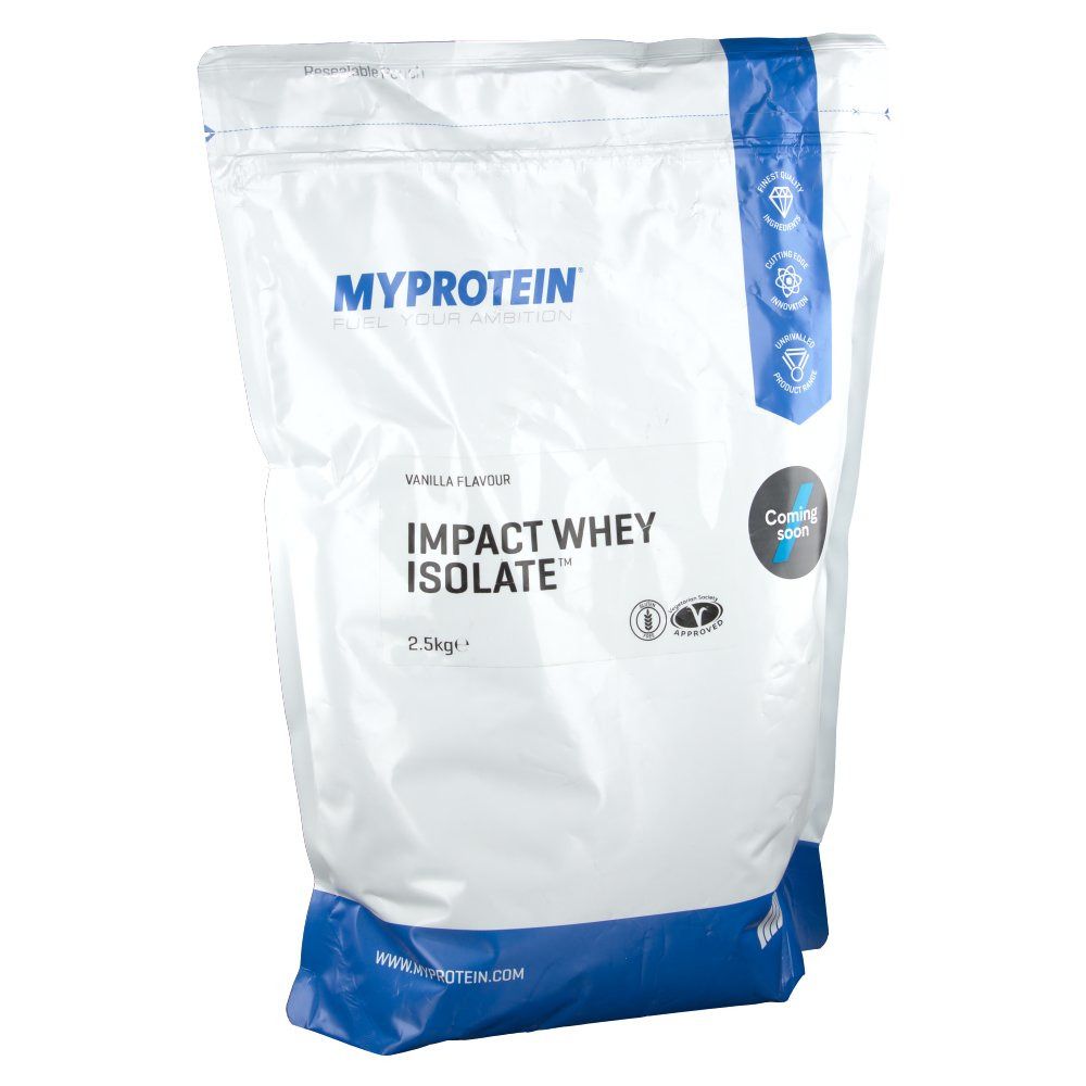 Weißer Beutel mit blauen Akzenten. Aufschrift: MYPROTEIN, IMPACT WHEY ISOLATE, Vanille-Geschmack. 2,5 kg. Siegel und Logo.