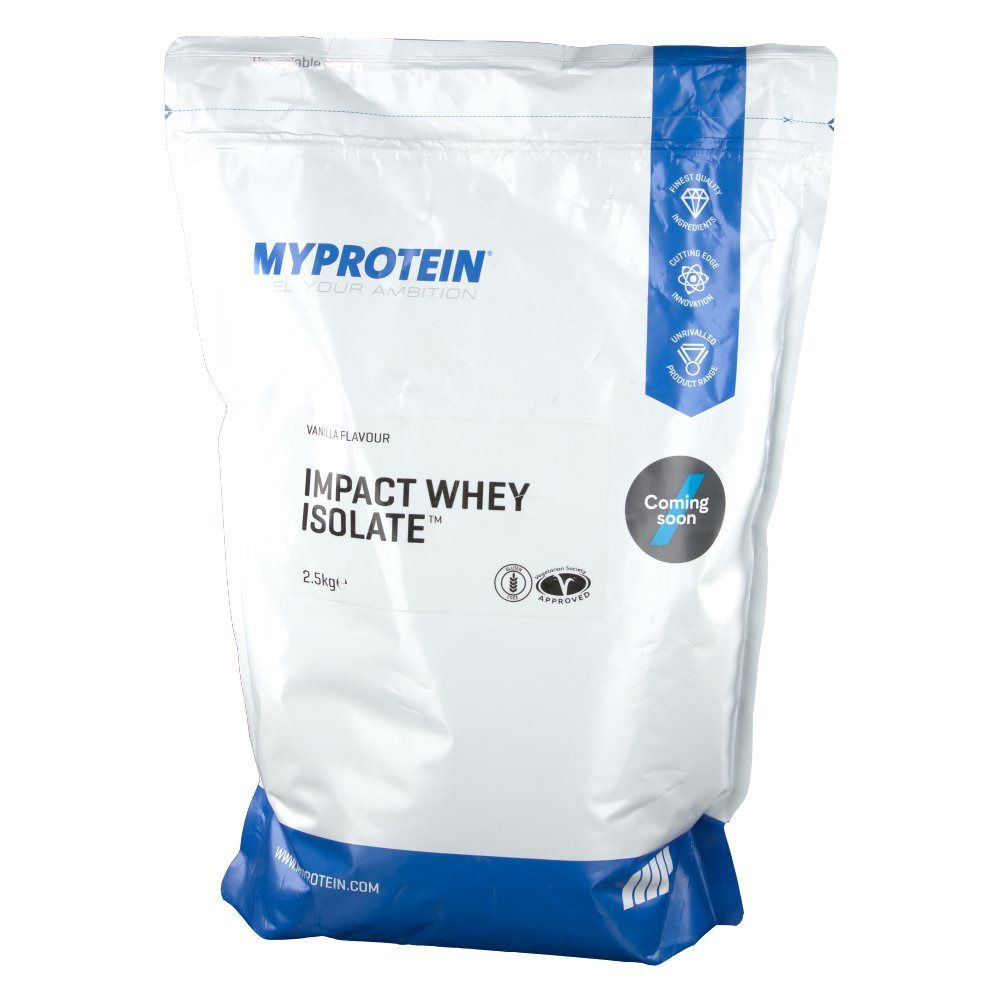 Weißer Beutel mit blauen Akzenten. Aufschrift: MYPROTEIN, IMPACT WHEY ISOLATE, Vanille-Geschmack. 2,5 kg. Siegel und Logo.